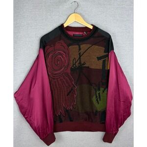 Saxony Vintage 100% Silk Abstract Floral Knit Mixed‎ Media Sweater Mens L 3D